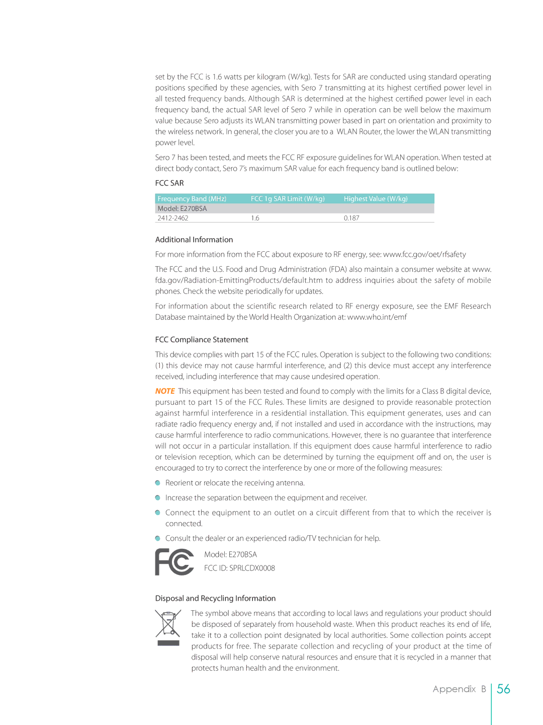 Hisense E270BSA, SERO7 user manual Fcc Sar, Disposal and Recycling Information 