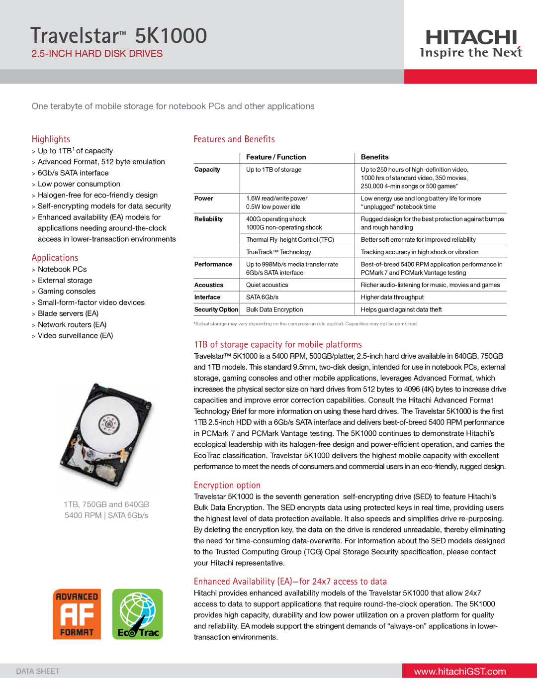 Hitachi 0J22413 manual Highlights, Applications, Features and Benefits, 1TB of storage capacity for mobile platforms 