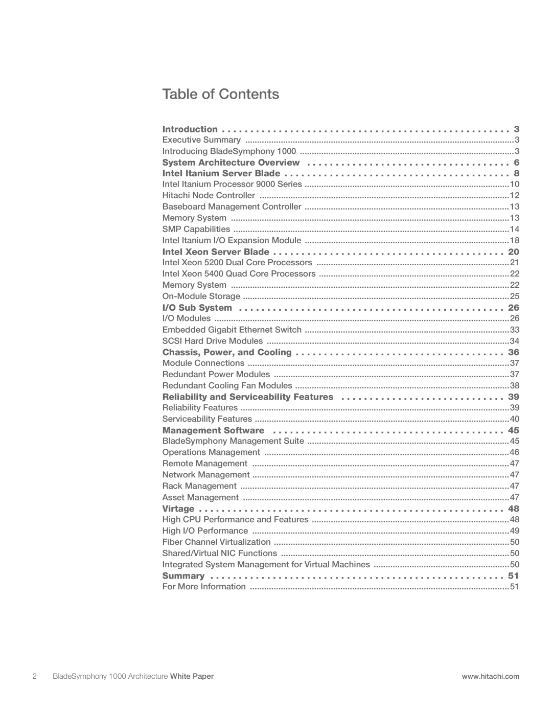 Hitachi 1000 manual Table of Contents 