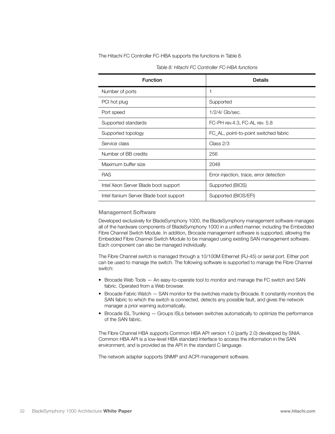 Hitachi 1000 manual Management Software, Hitachi FC Controller FC-HBA functions 