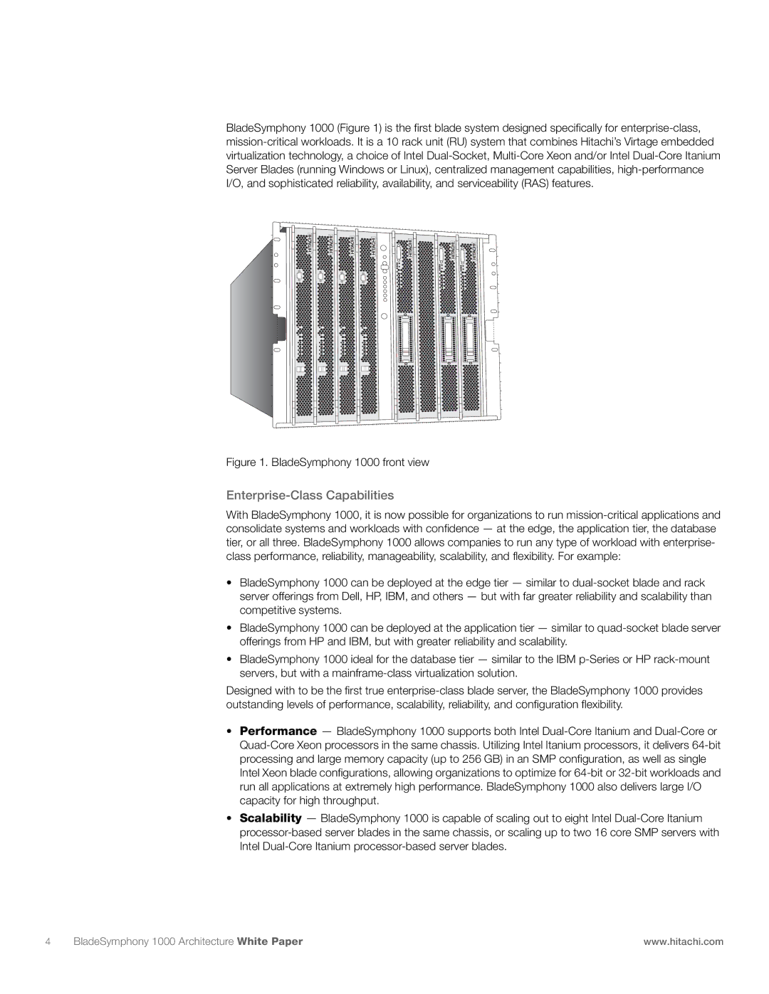 Hitachi manual Enterprise-Class Capabilities, BladeSymphony 1000 front view 