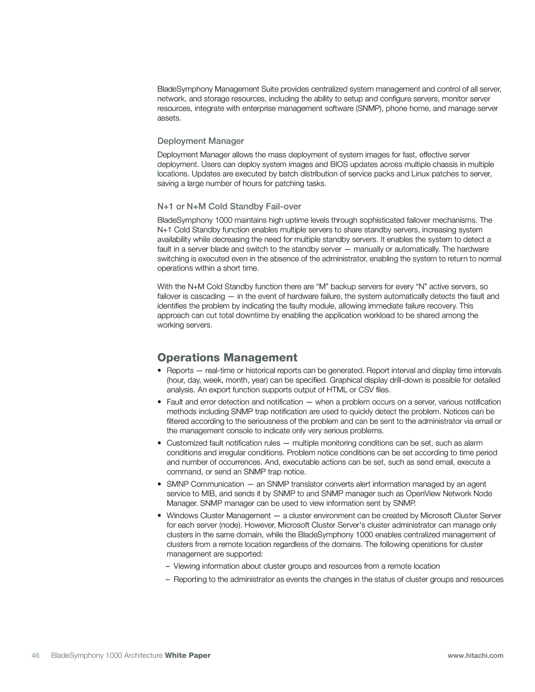 Hitachi 1000 manual Operations Management, Deployment Manager, +1 or N+M Cold Standby Fail-over 