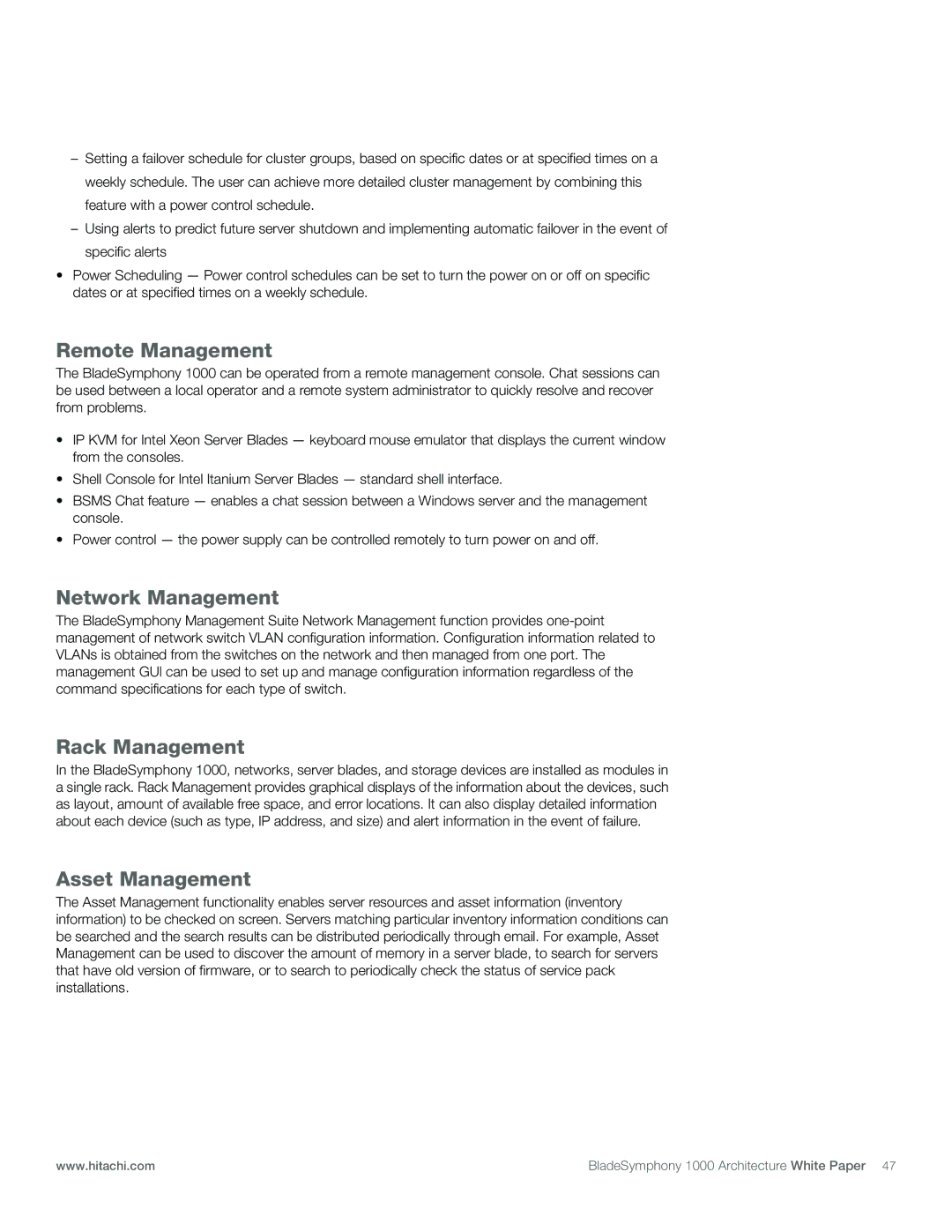 Hitachi 1000 manual Remote Management, Network Management, Rack Management, Asset Management 