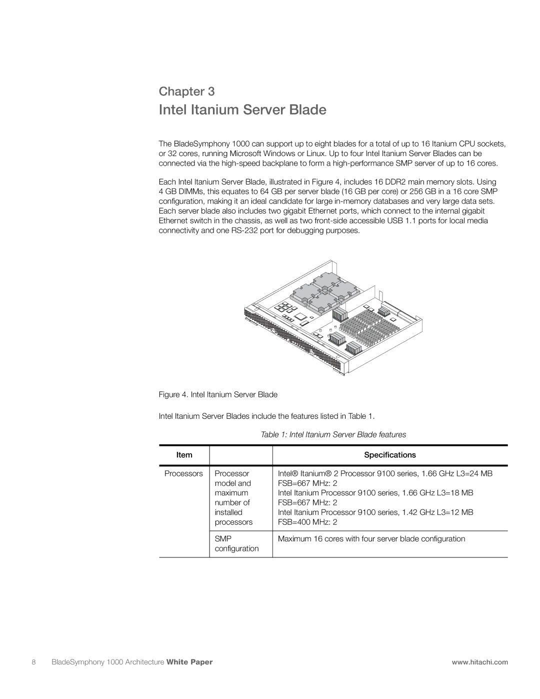 Hitachi 1000 manual Intel Itanium Server Blade features 