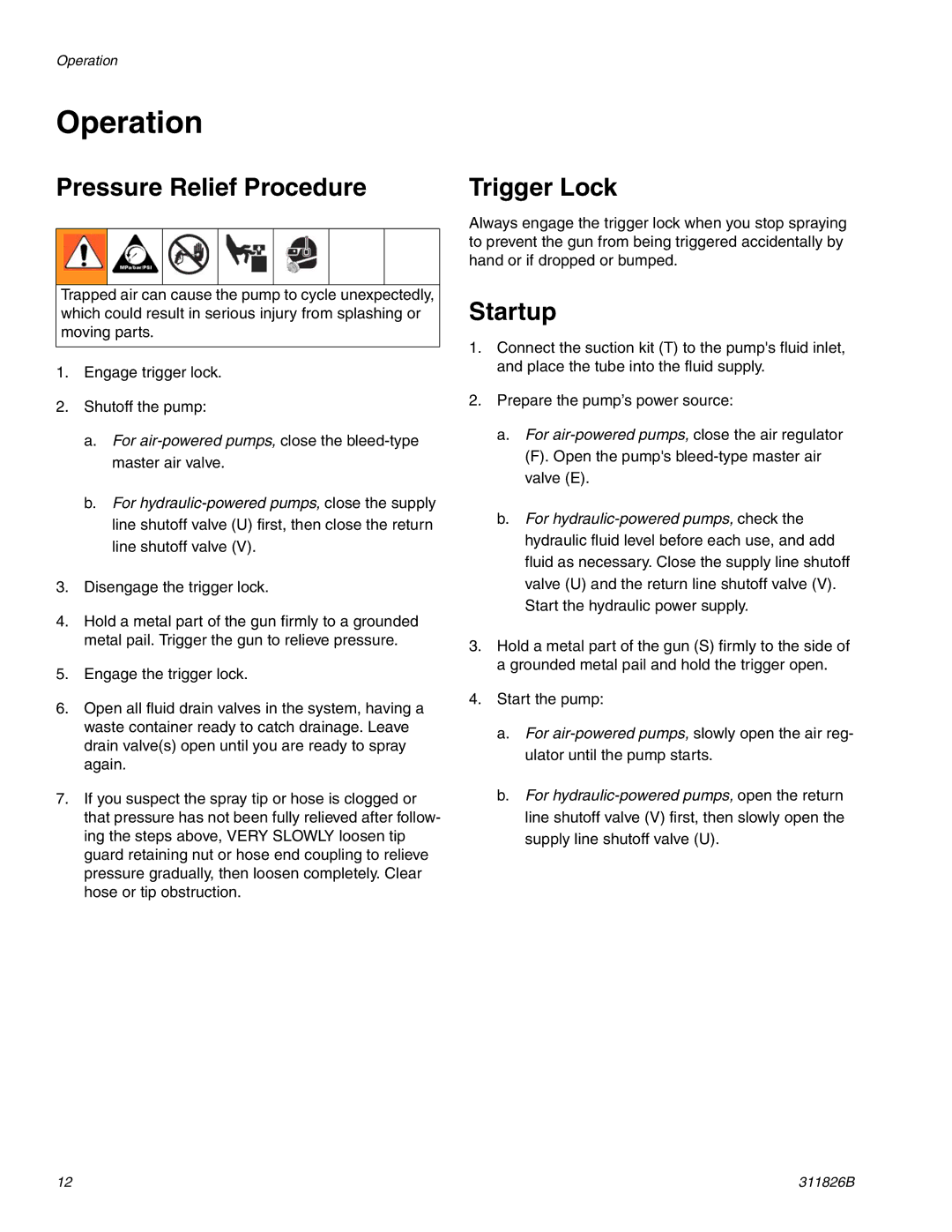 Hitachi 1800 important safety instructions Operation, Pressure Relief Procedure, Startup 