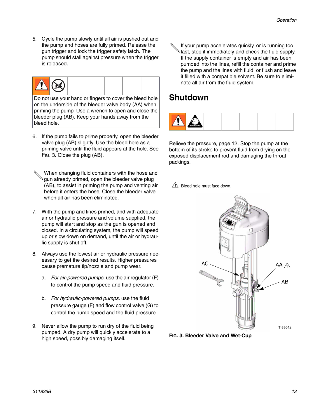 Hitachi 1800 important safety instructions Shutdown, Bleeder Valve and Wet-Cup 