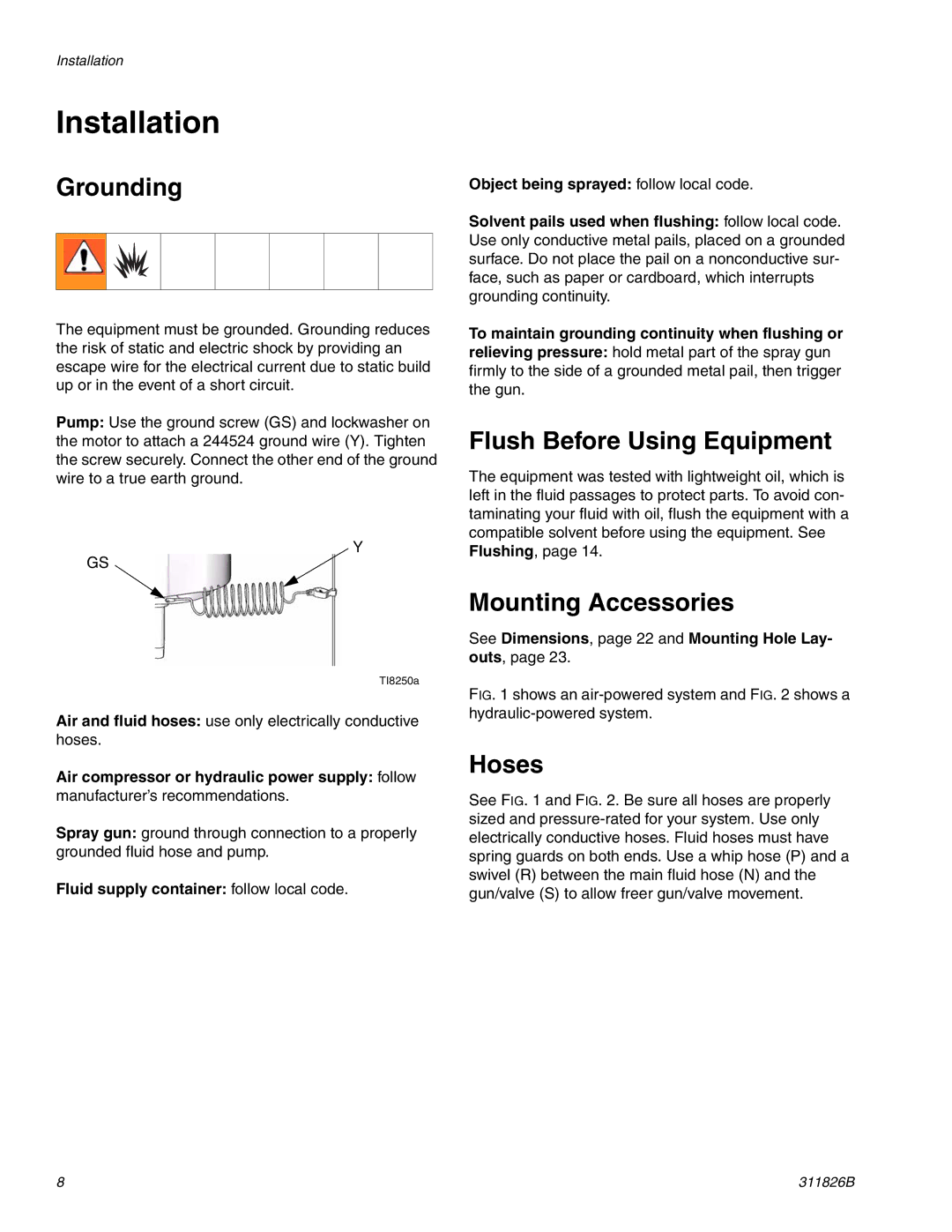 Hitachi 1800 Installation, Grounding, Flush Before Using Equipment, Mounting Accessories, Hoses 