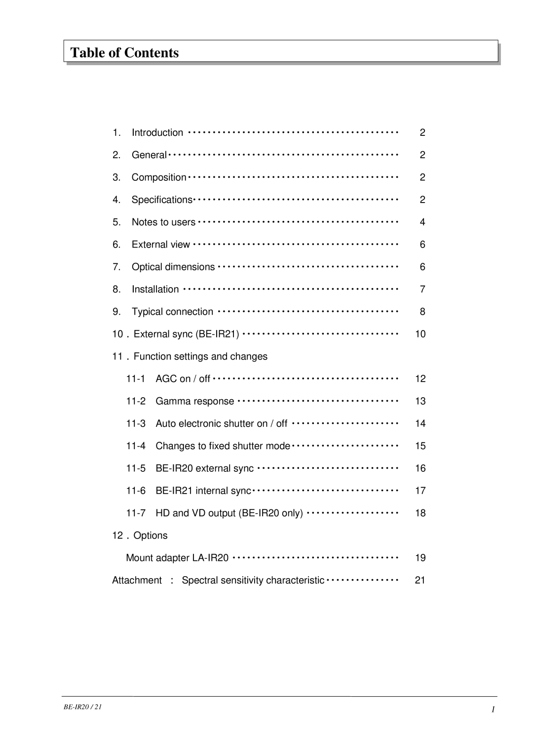 Hitachi 21, BE-IR20 manual Table of Contents 