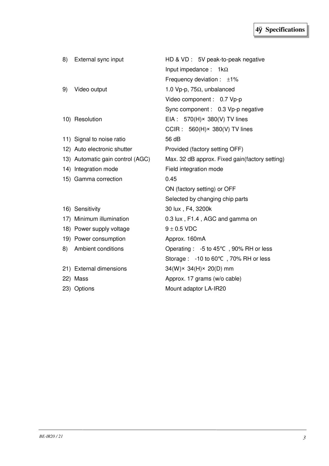 Hitachi 21, BE-IR20 manual ．Specifications 