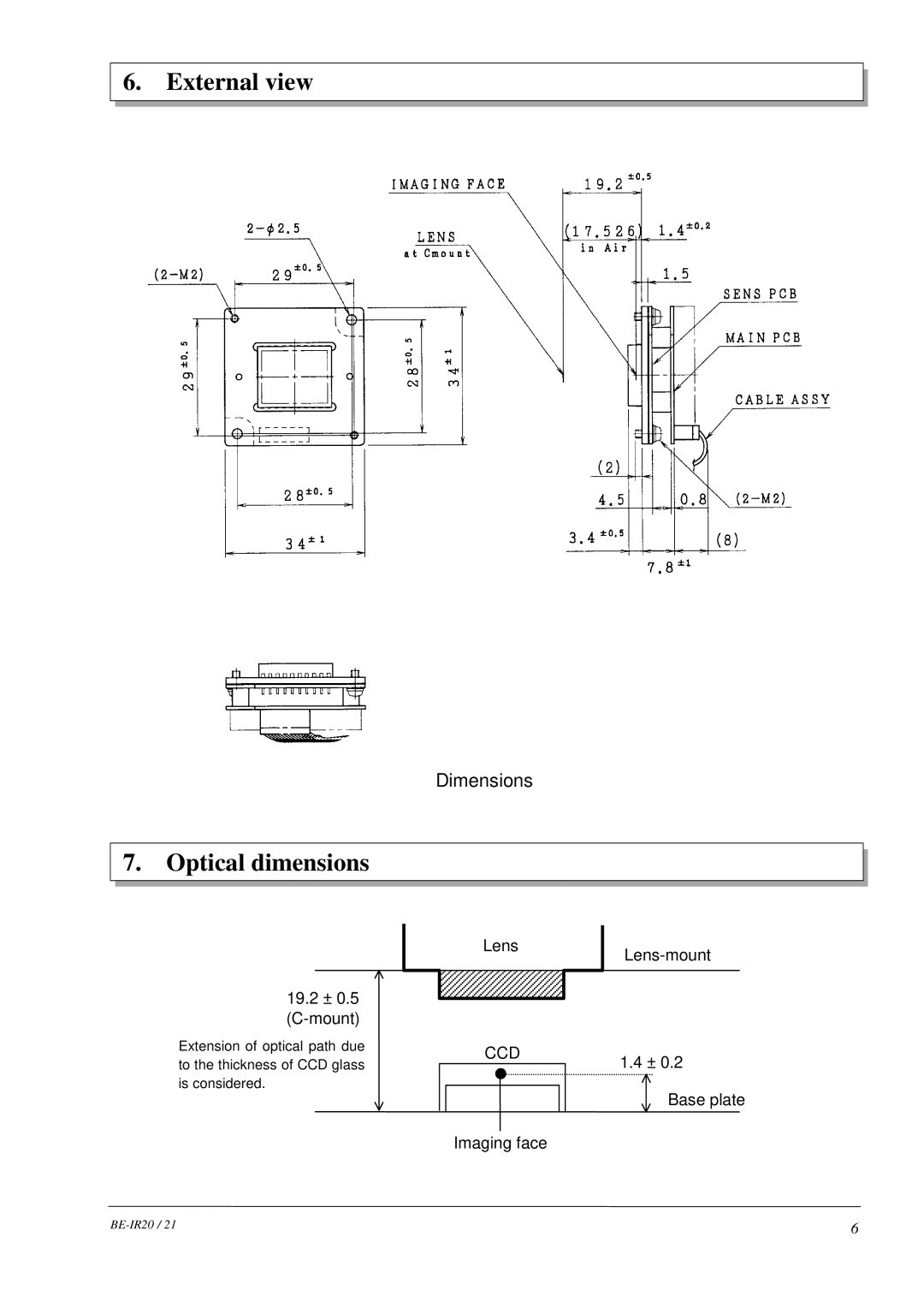 Hitachi BE-IR20, 21 manual External view, Optical dimensions 