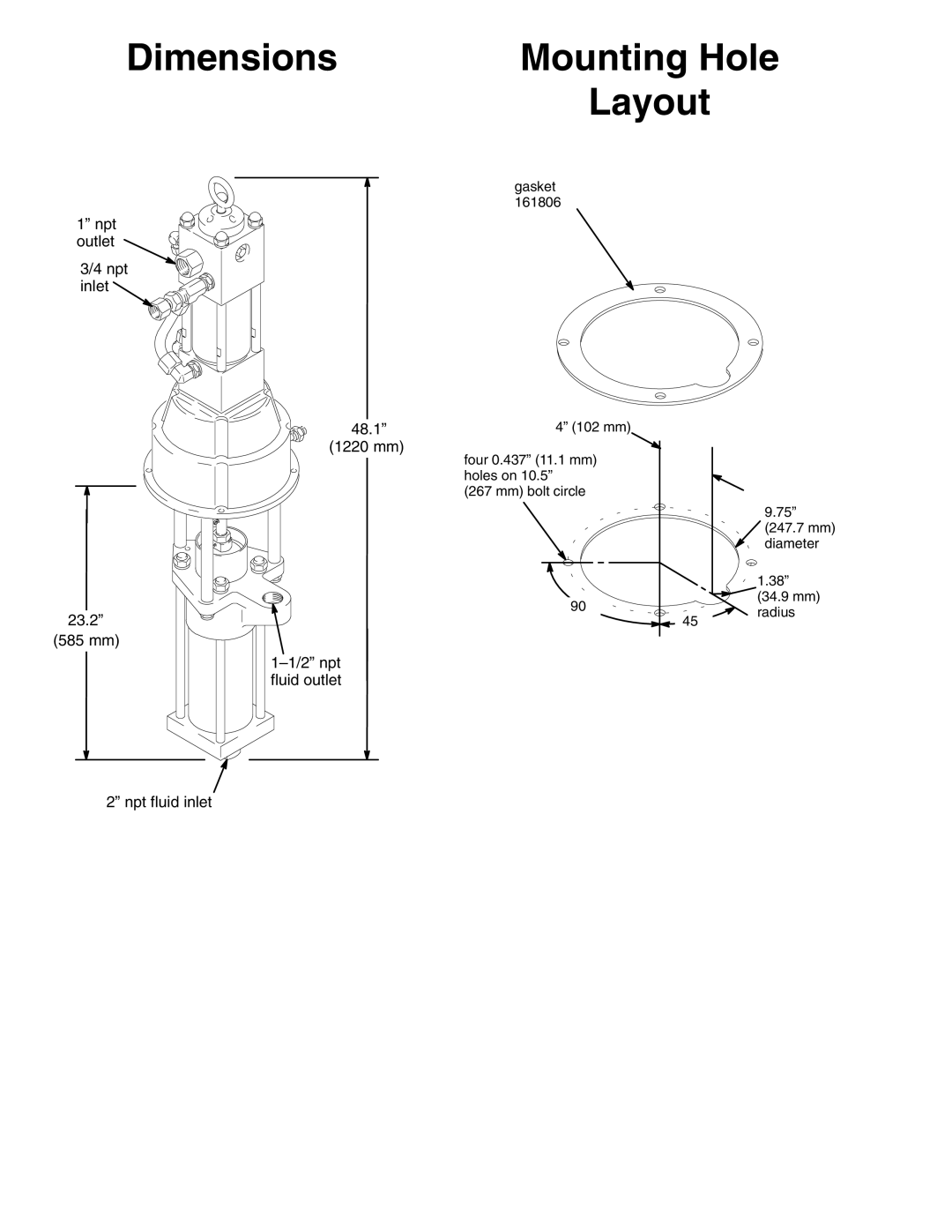 Hitachi 210313 manual Dimensions Mounting Hole Layout, Npt outlet Npt inlet 48.1 1220 mm 23.2 585 mm 