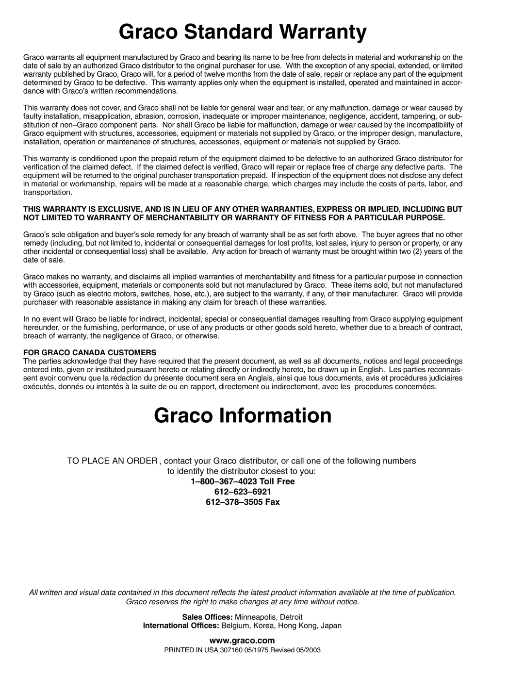 Hitachi 210313 manual Graco Standard Warranty, Graco Information 