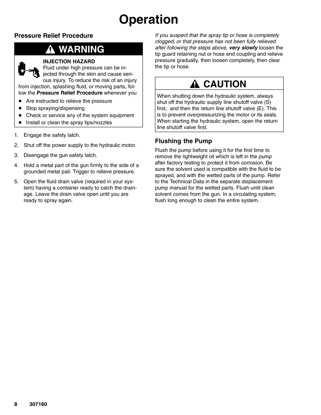 Hitachi 210313 manual Operation, Pressure Relief Procedure, Flushing the Pump 