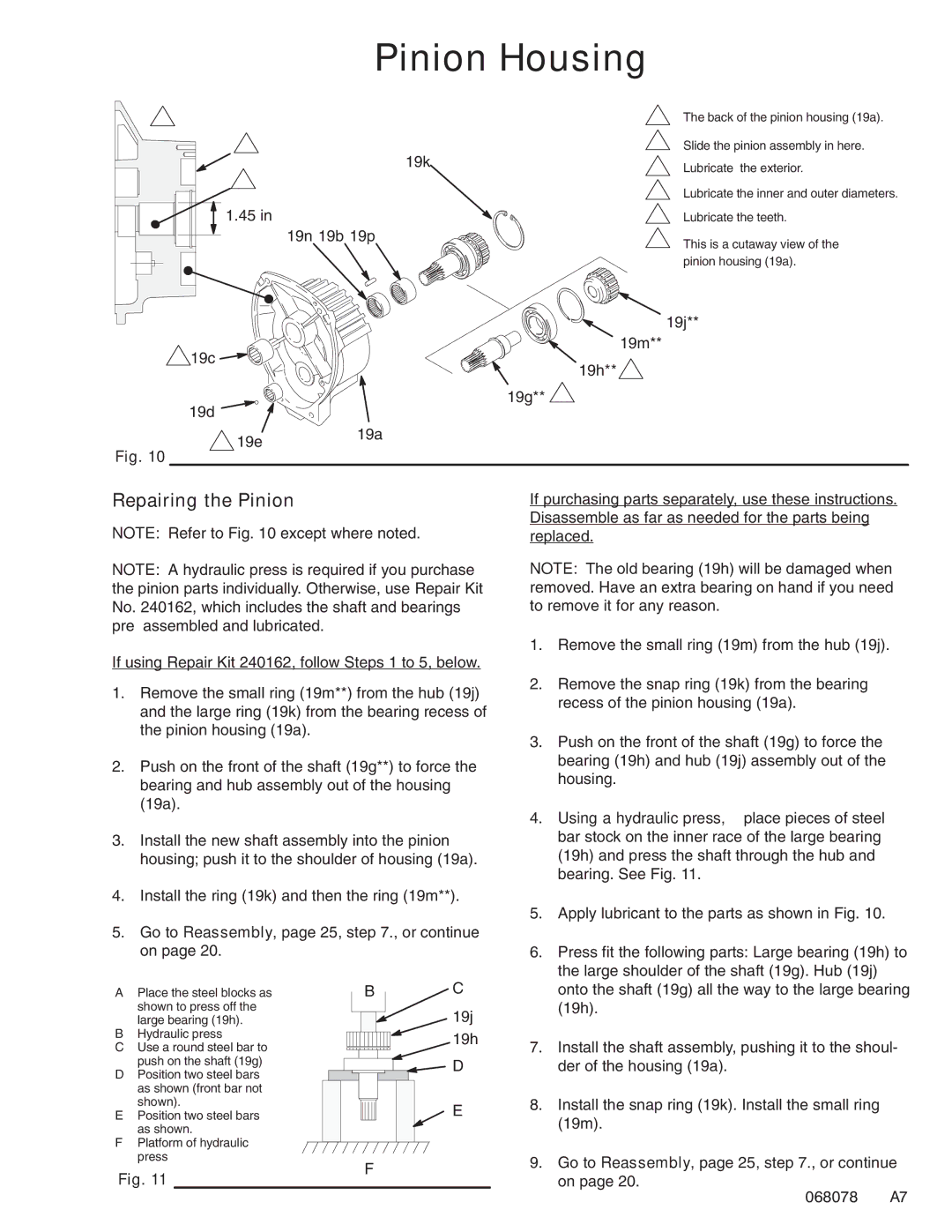 Hitachi 231327 manual Pinion Housing, Repairing the Pinion 