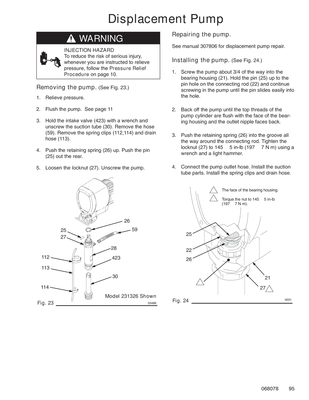 Hitachi 231327 manual Displacement Pump, Removing the pump. See Fig, Repairing the pump, Installing the pump. See Fig 