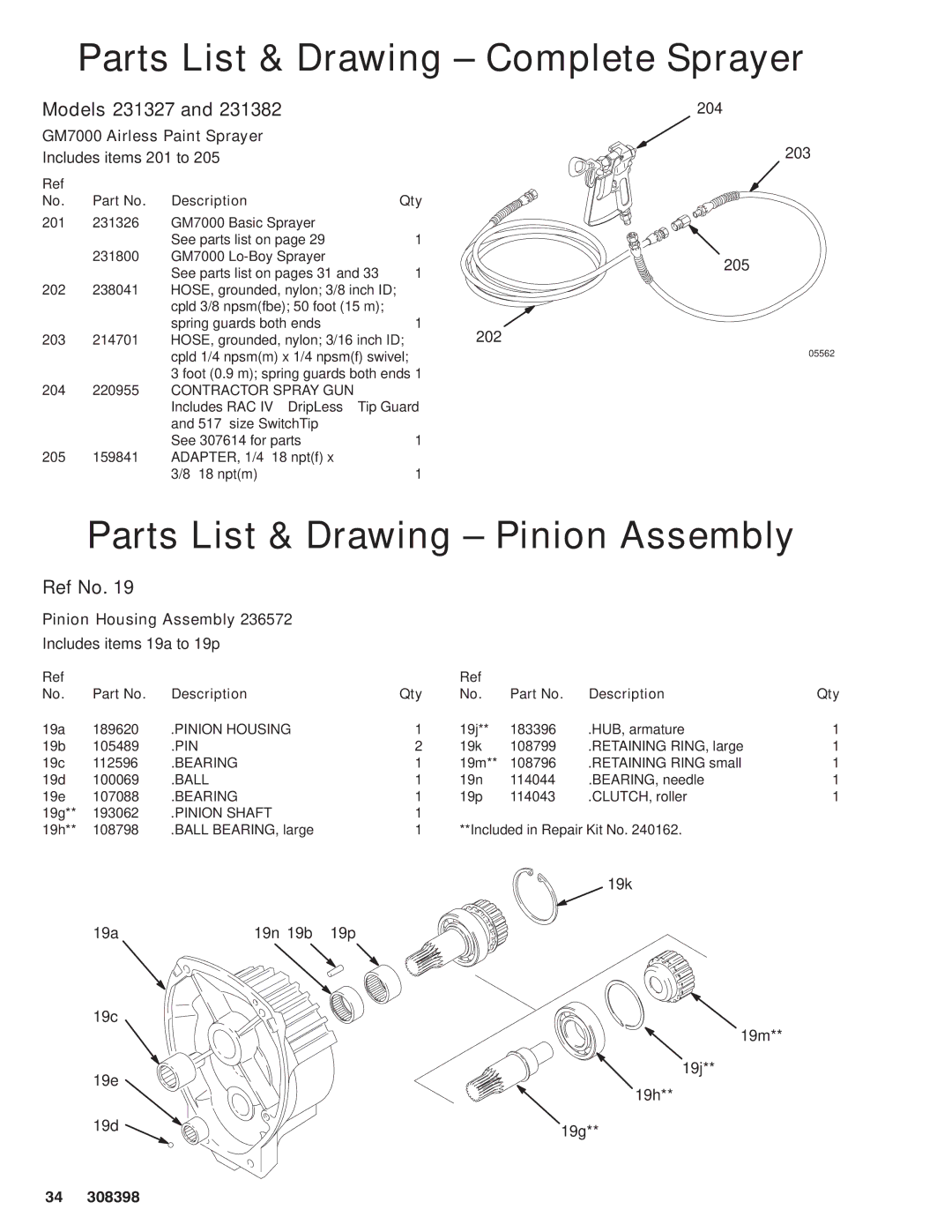 Hitachi manual Parts List & Drawing Complete Sprayer, Parts List & Drawing Pinion Assembly, Models 231327, Ref No 