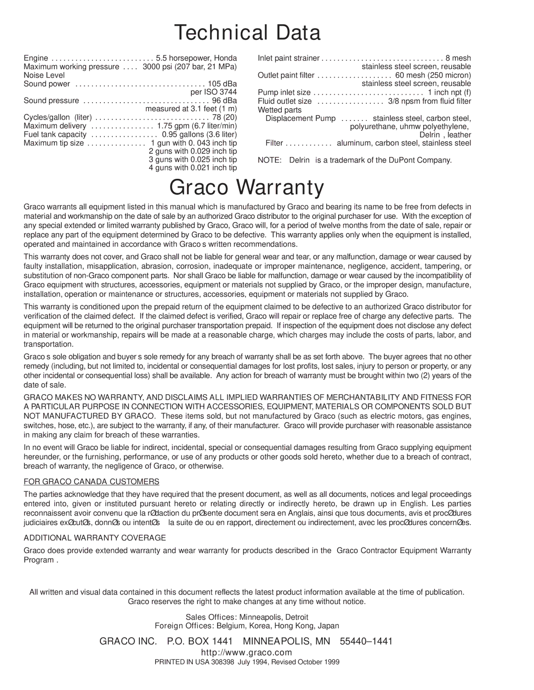 Hitachi 231327 manual Technical Data, Graco Warranty 