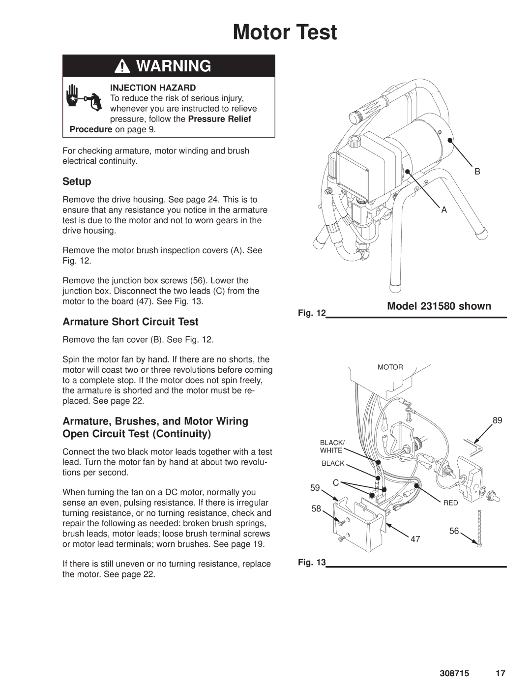 Hitachi 231580 manual Motor Test, Setup, Armature Short Circuit Test 