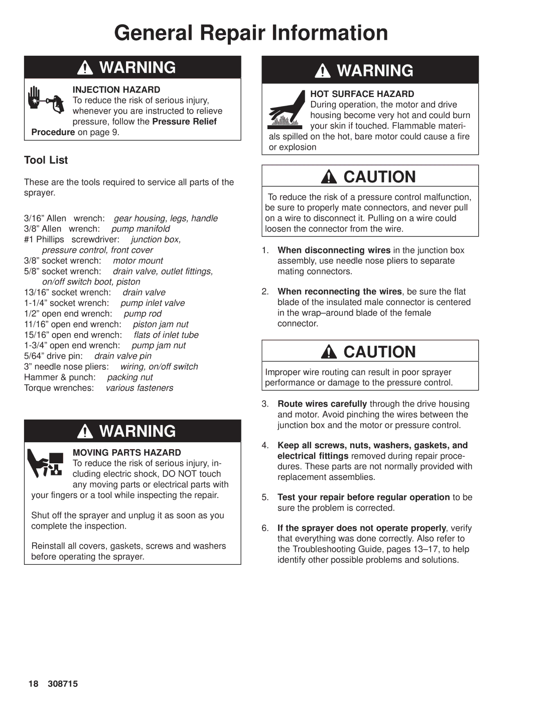 Hitachi 231580 manual General Repair Information, Tool List, Moving Parts Hazard, HOT Surface Hazard 