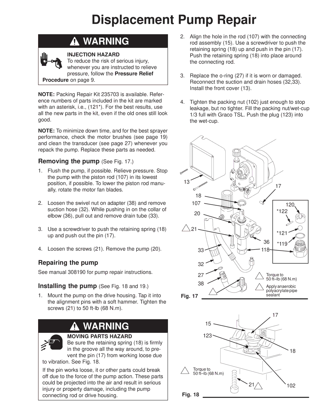 Hitachi 231580 manual Displacement Pump Repair, Removing the pump See Fig, Repairing the pump 