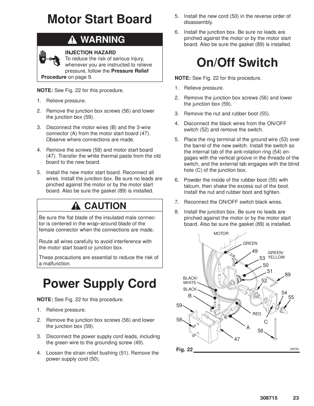 Hitachi 231580 manual Motor Start Board, Power Supply Cord, On/Off Switch 