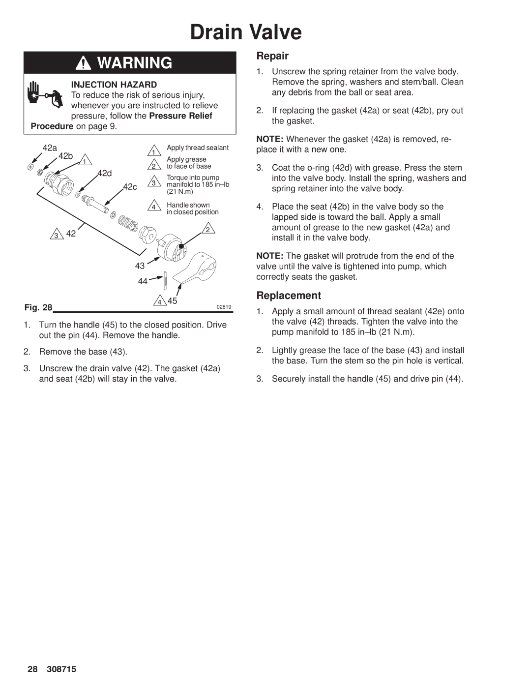 Hitachi 231580 manual Drain Valve, Repair, Replacement 