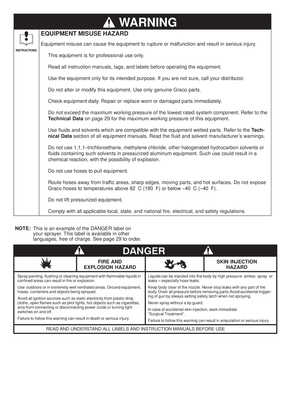 Hitachi 231580 manual Equipment Misuse Hazard, Fire Skin Injection Explosion Hazard 