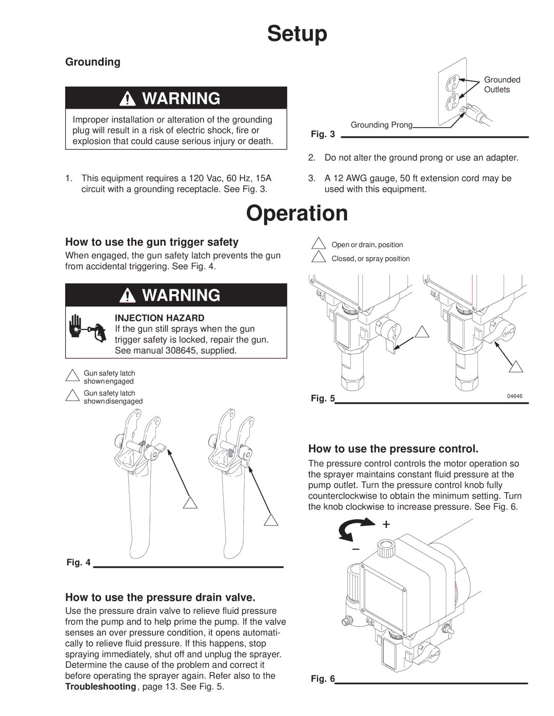 Hitachi 231580 manual Operation, Grounding, How to use the gun trigger safety, How to use the pressure control 