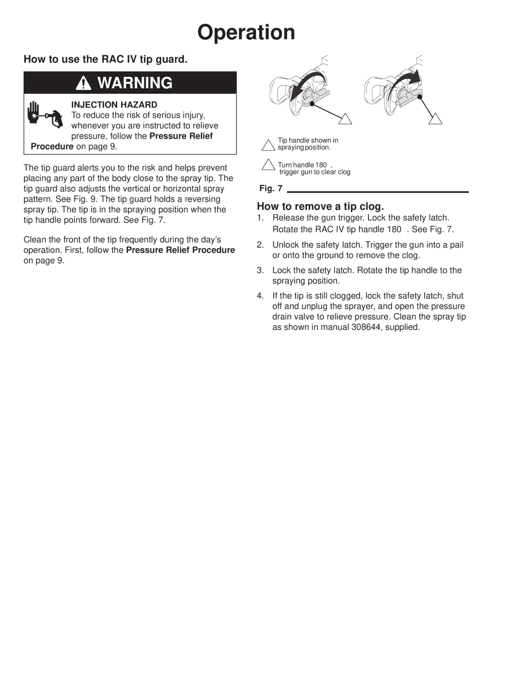 Hitachi 231580 manual How to use the RAC IV tip guard, How to remove a tip clog, Procedure on 