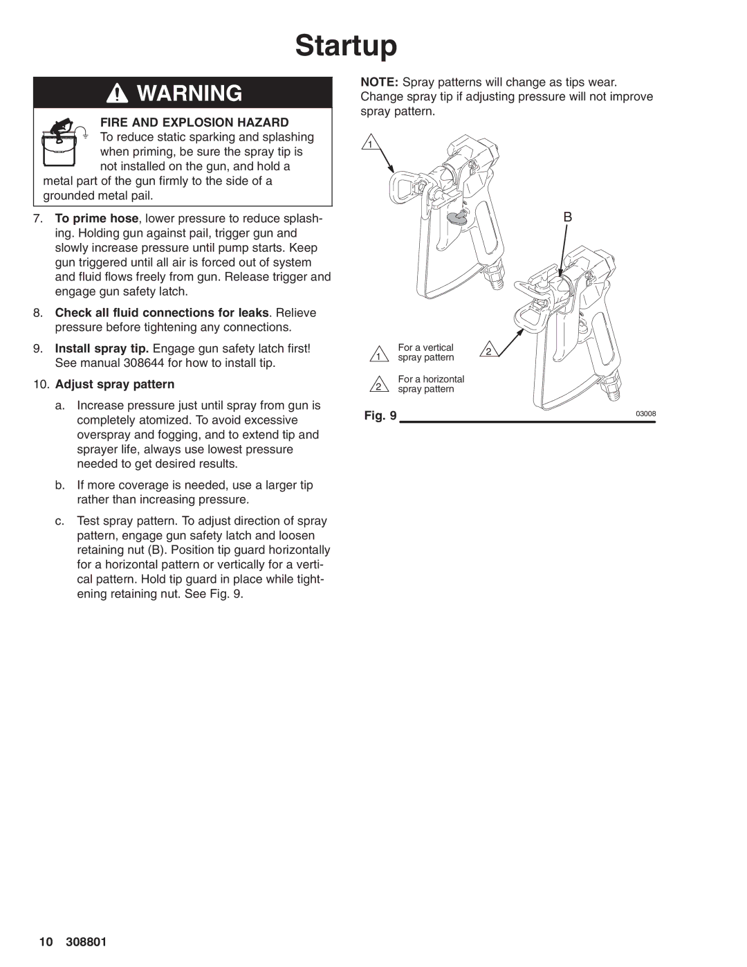 Hitachi 232133 manual Fire and Explosion Hazard, Adjust spray pattern 