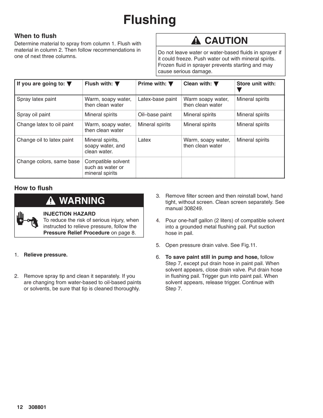 Hitachi 232133 manual Flushing, When to flush, How to flush, Relieve pressure 