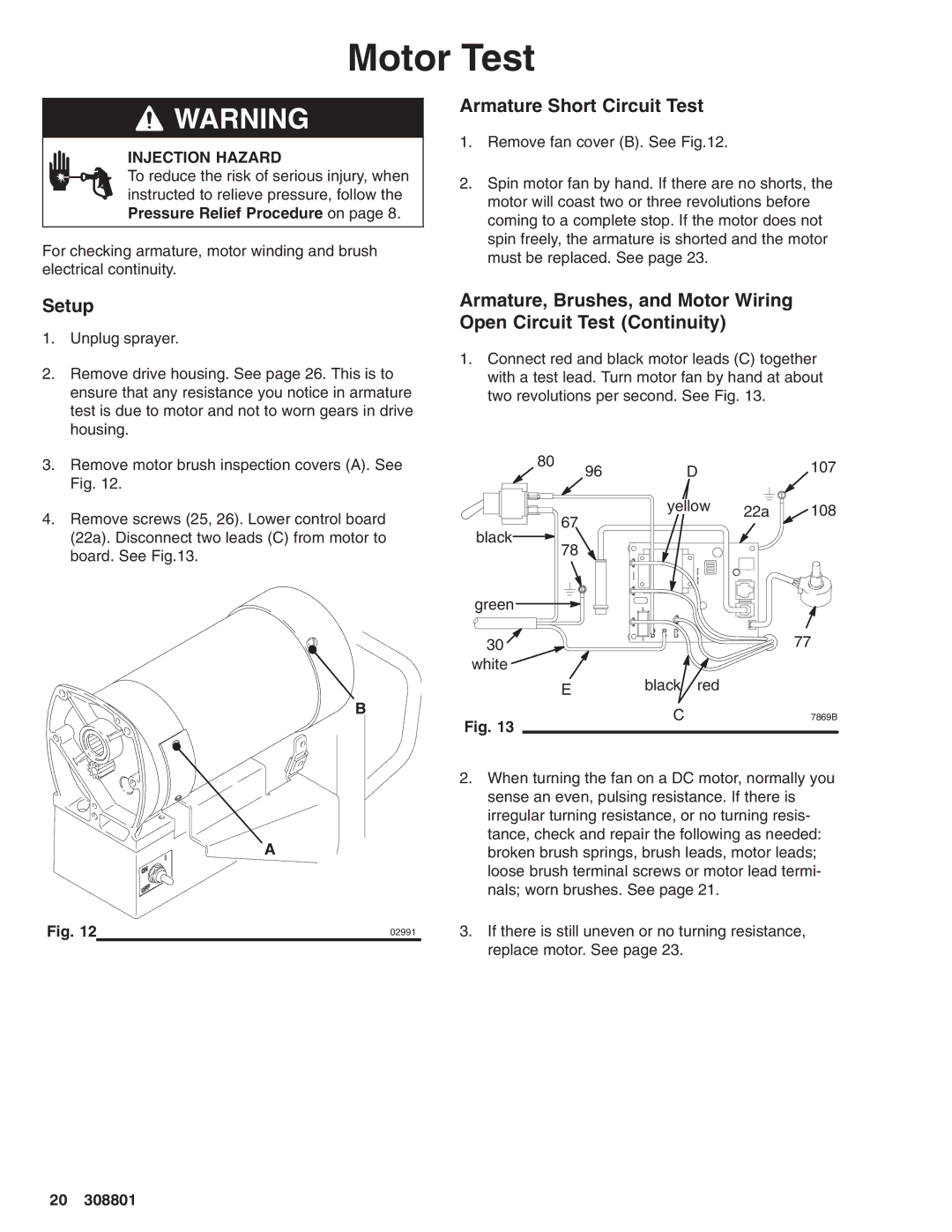 Hitachi 232133 manual Motor Test, Setup, Armature Short Circuit Test 