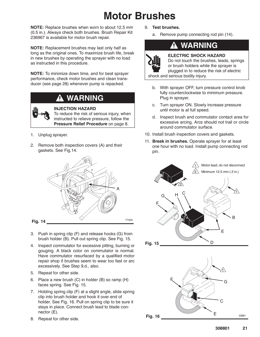 Hitachi 232133 manual Motor Brushes, Test brushes, Electric Shock Hazard 