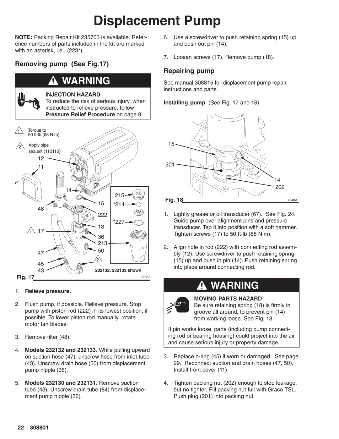 Hitachi 232133 manual Displacement Pump, Removing pump See, Repairing pump 