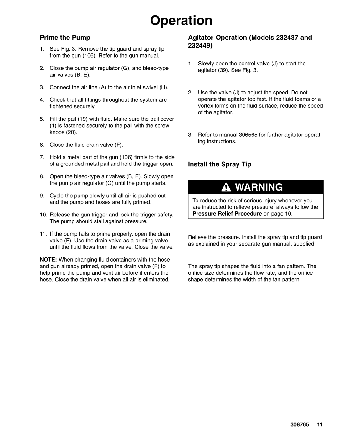 Hitachi important safety instructions Prime the Pump, Agitator Operation Models 232437, Install the Spray Tip 