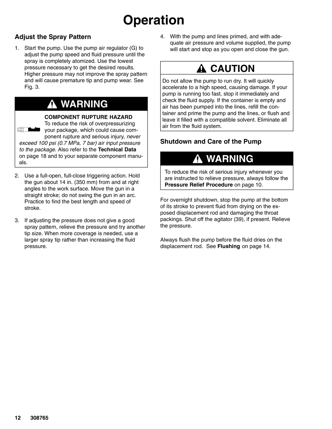 Hitachi 232437 important safety instructions Adjust the Spray Pattern, Shutdown and Care of the Pump 