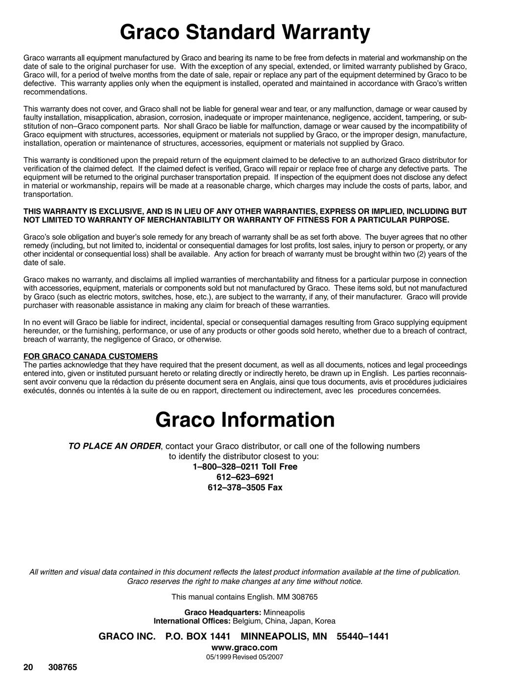 Hitachi 232437 important safety instructions Graco Standard Warranty, Graco Information 