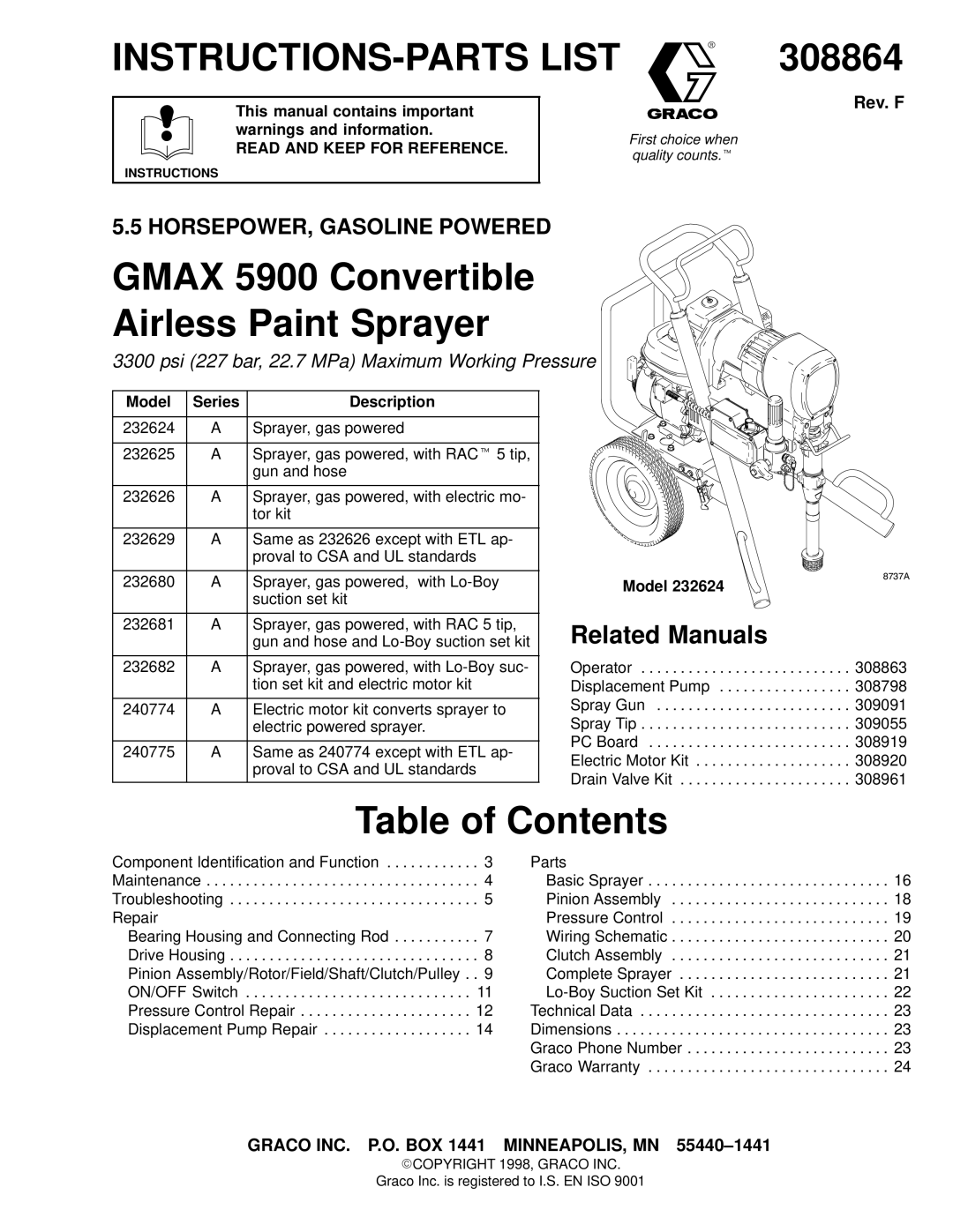 Hitachi 232624 dimensions 308864, Gmax 5900 Convertible Airless Paint Sprayer, Table of Contents 