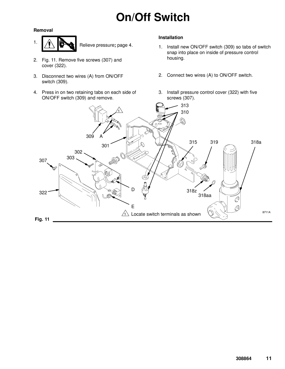 Hitachi 232624 dimensions On/Off Switch, Remove five screws 307 and cover 