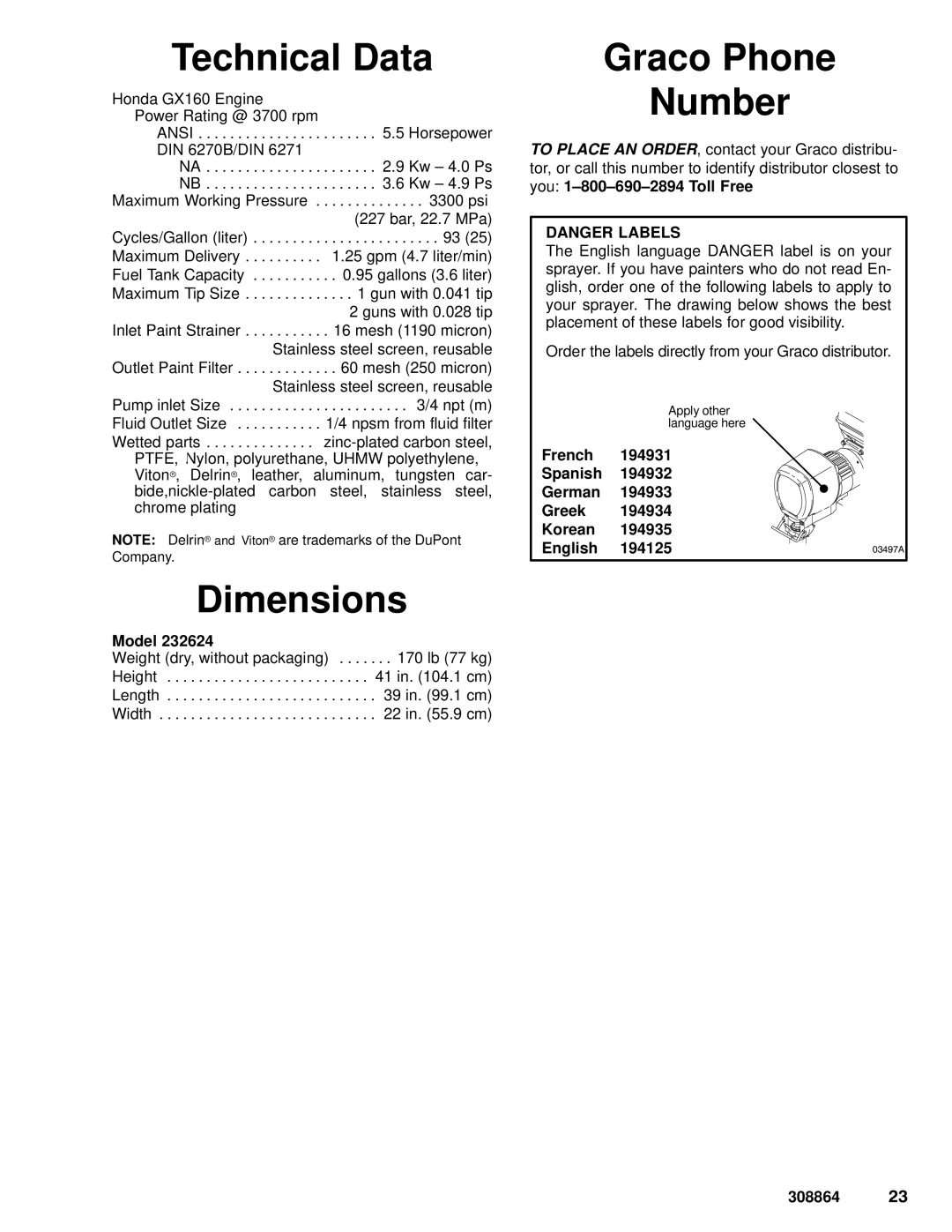 Hitachi 232624 dimensions Technical Data, Dimensions, Graco Phone Number 