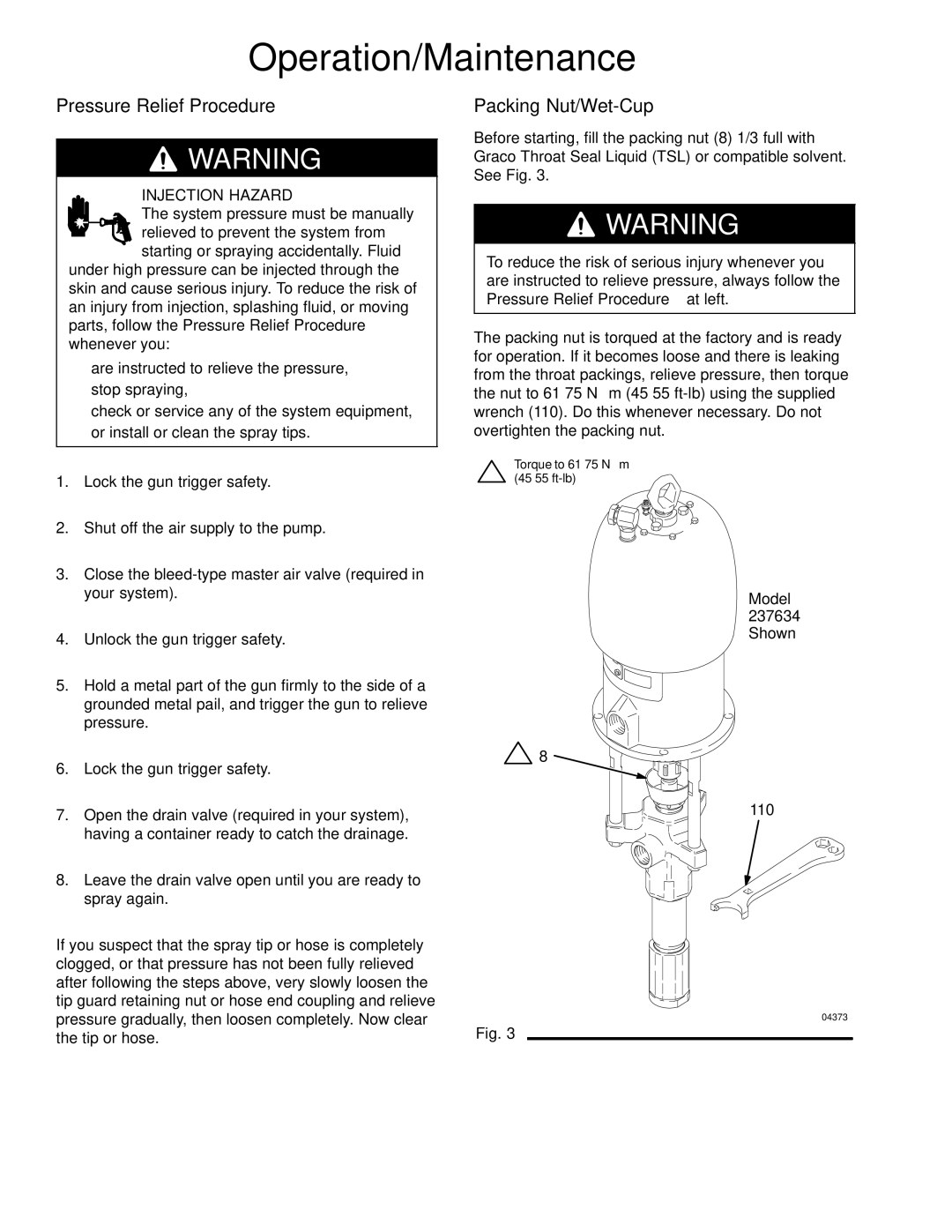 Hitachi 236464 manual Operation/Maintenance, Pressure Relief Procedure, Packing Nut/Wet-Cup, 110 