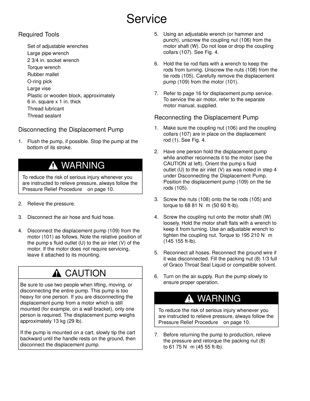 Hitachi 236464 manual Service, Required Tools, Disconnecting the Displacement Pump, Reconnecting the Displacement Pump 