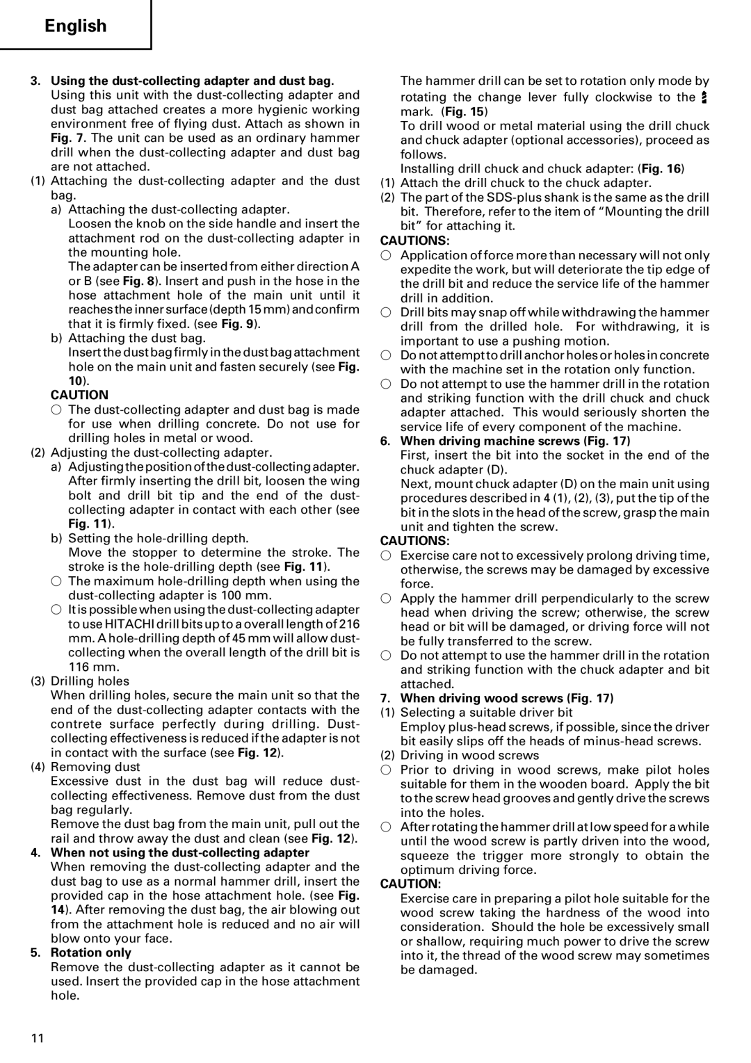 Hitachi 24PD manual When not using the dust-collecting adapter, Rotation only, When driving machine screws Fig 