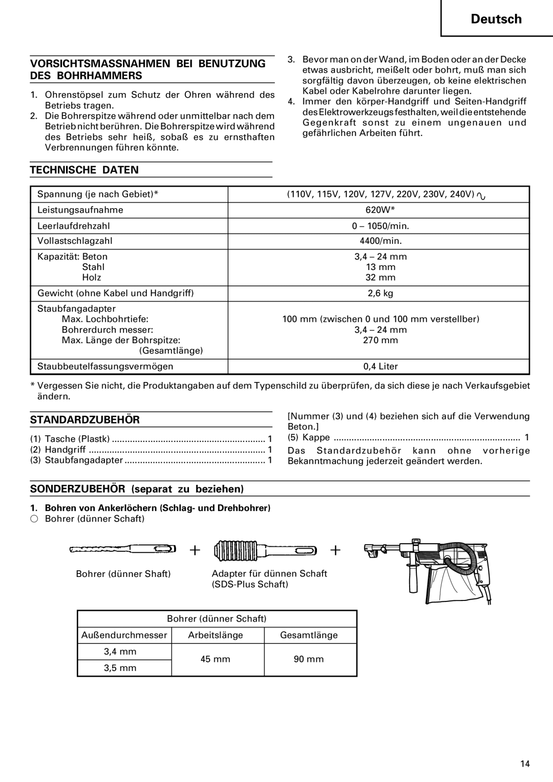 Hitachi 24PD manual Vorsichtsmassnahmen BEI Benutzung DES Bohrhammers, Technische Daten, Standardzubehör 