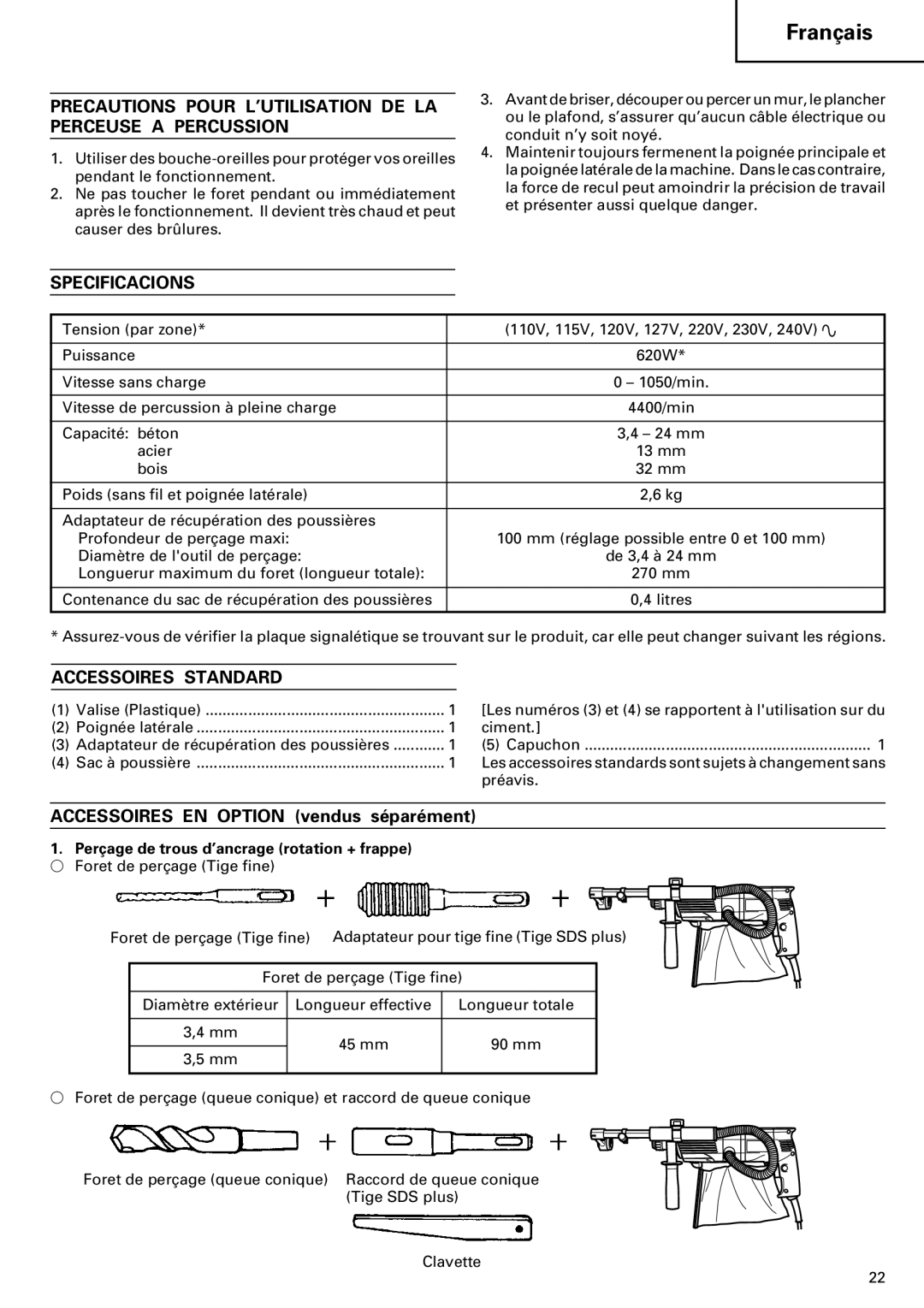 Hitachi 24PD manual Precautions Pour L’UTILISATION DE LA Perceuse a Percussion, Specificacions, Accessoires Standard 