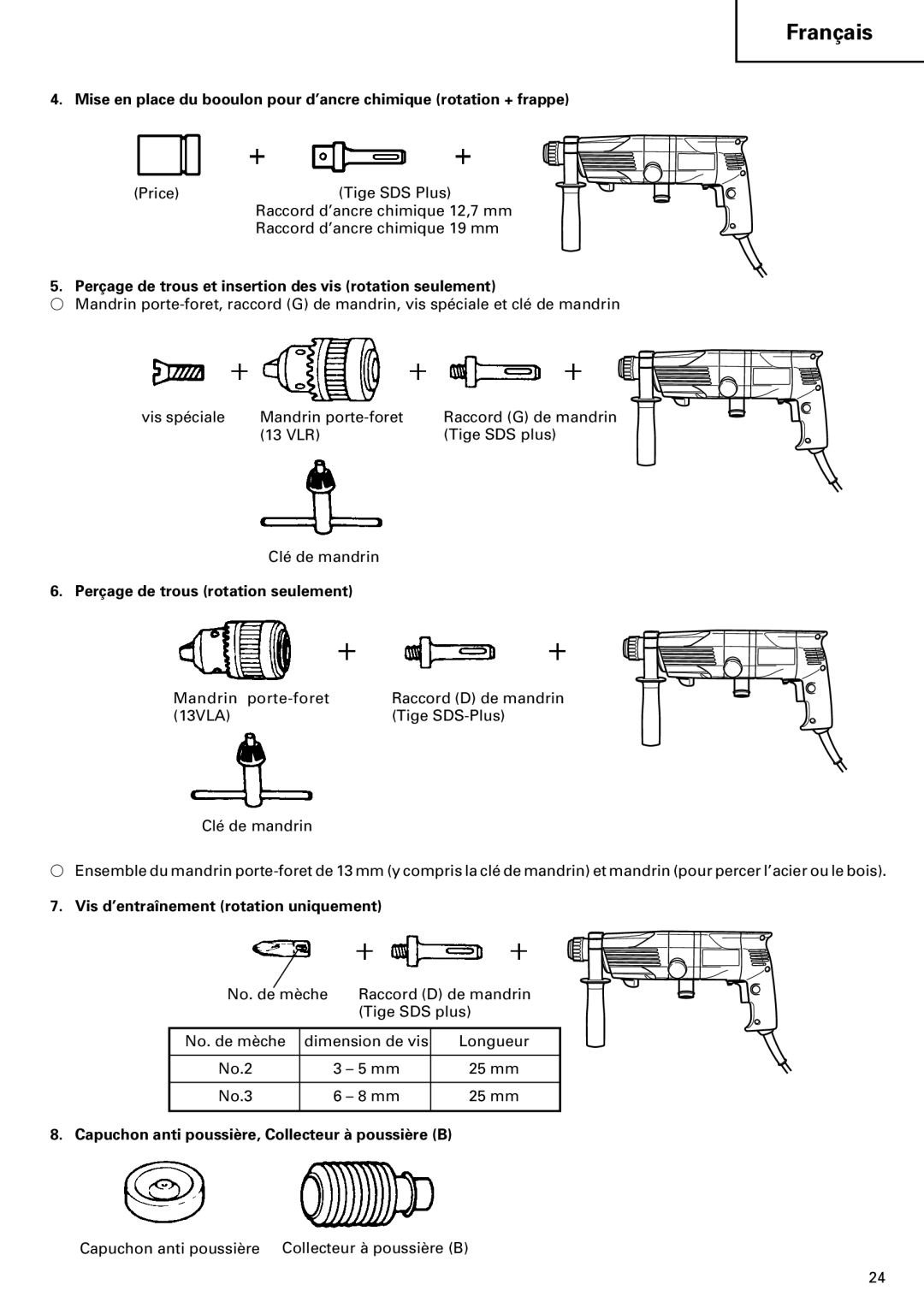 Hitachi 24PD manual Perçage de trous et insertion des vis rotation seulement, Perçage de trous rotation seulement 