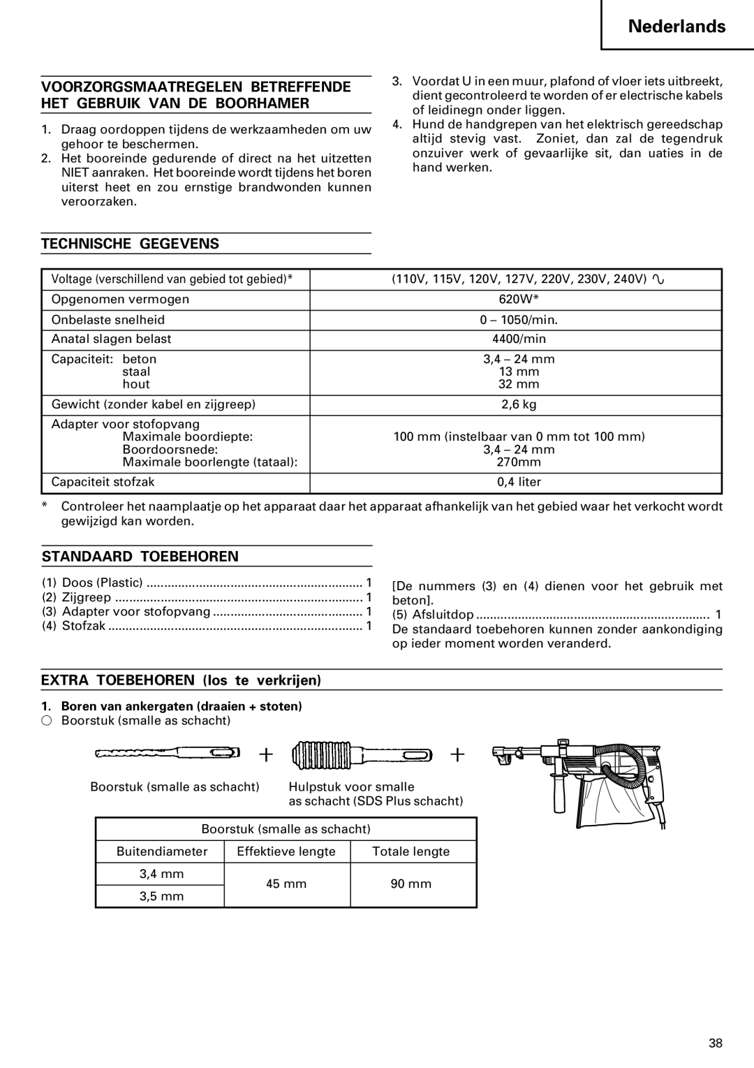 Hitachi 24PD manual Technische Gegevens, Standaard Toebehoren, Boren van ankergaten draaien + stoten 