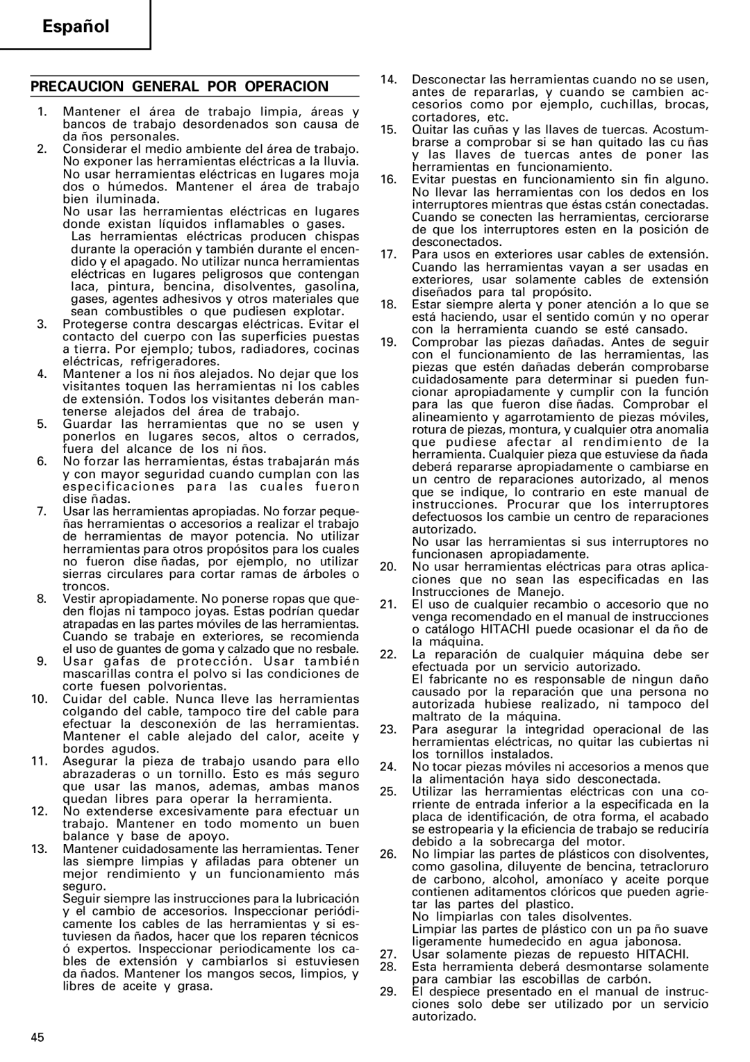 Hitachi 24PD manual Español, Precaucion General POR Operacion 