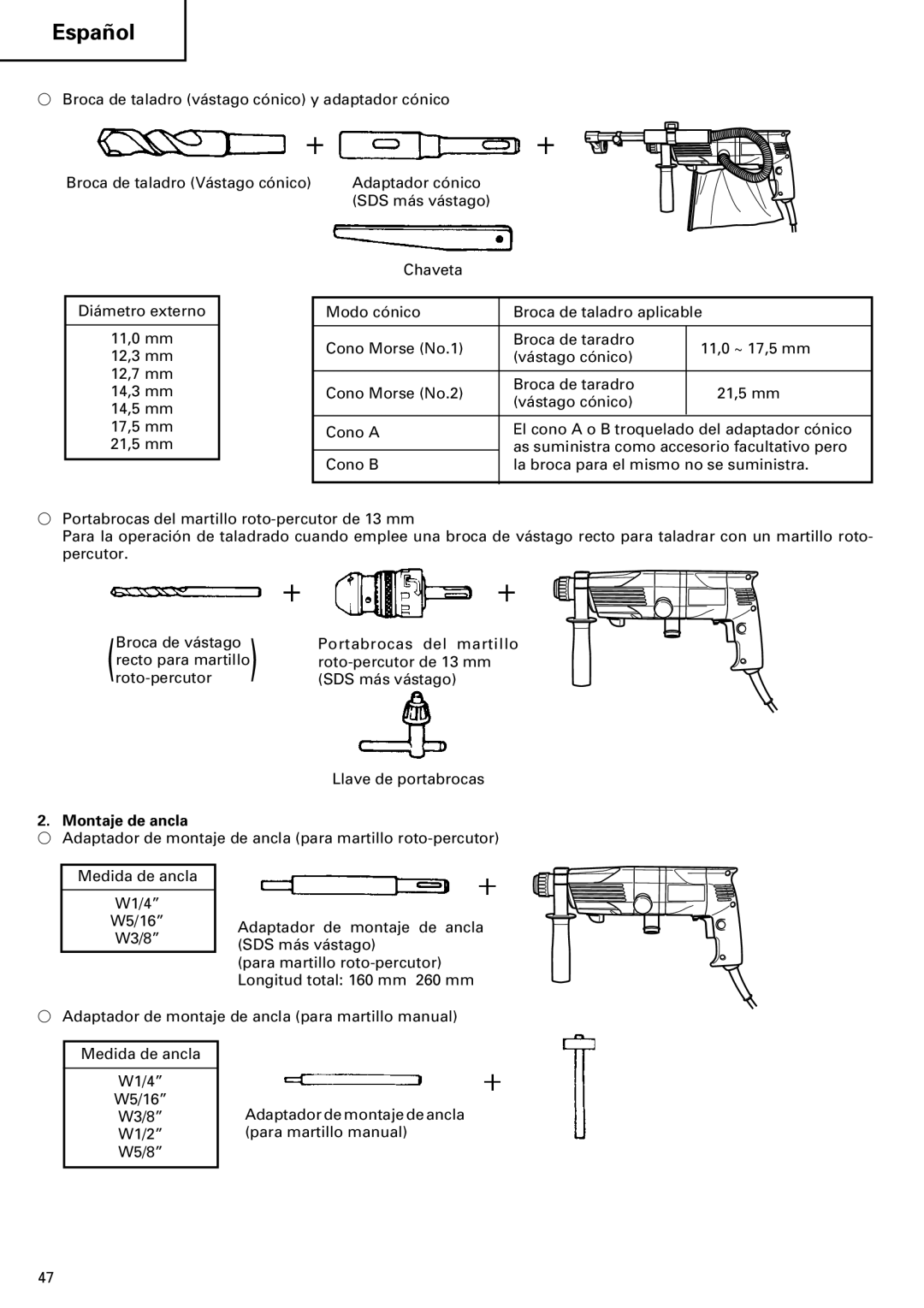 Hitachi 24PD manual Montaje de ancla 