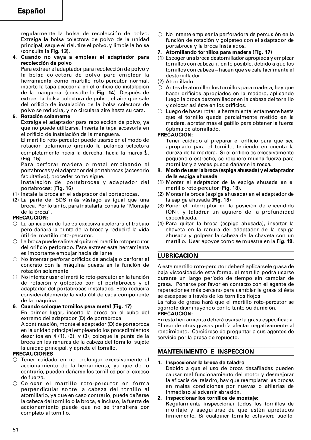 Hitachi 24PD manual Lubricacion, Mantenimento E Inspeccion, Precauciones 